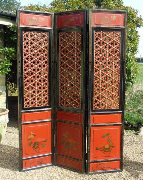 Impressive Chinese Gilt & Red Lacquer 3 Fold Screen