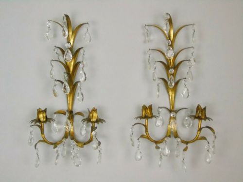 Antique Pair French Gilt Candle Wall Sconce Crystal Drops