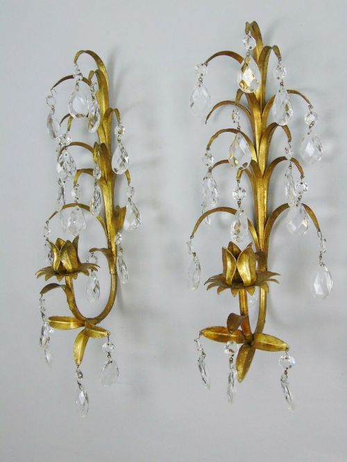 Antique Pair French Gilt Wall Candle Sconces Crystal Drops Toleware