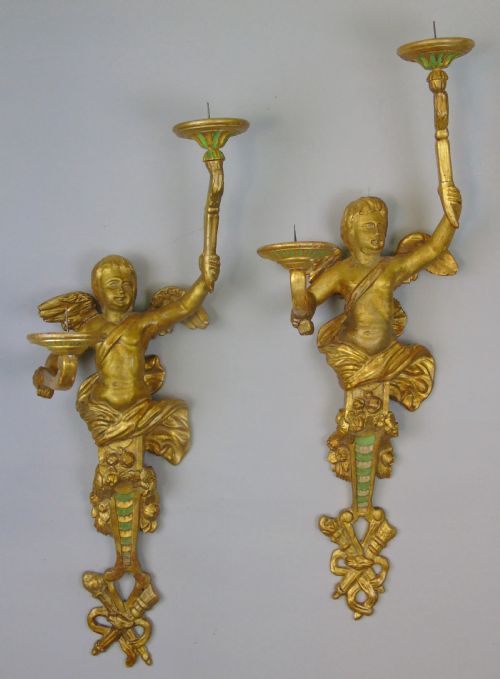 Pair of Italian Carved Giltwood Cherub Wall Candle Sconce