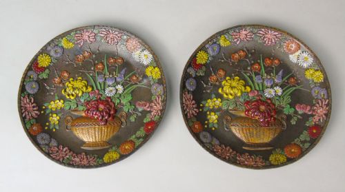 Antique Pair Japanese Enamelled Metal Dishes Meiji Period