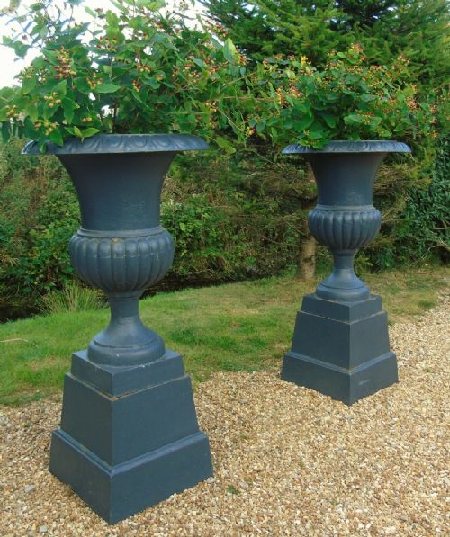 Fine Pair Large 19th Century Cast Iron Campana Garden Urns