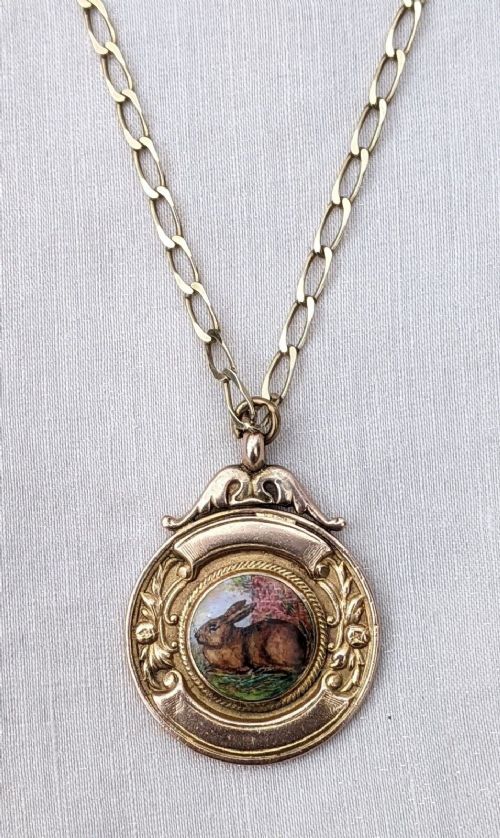 Antique Gold Enamelled Pendant Rabbit