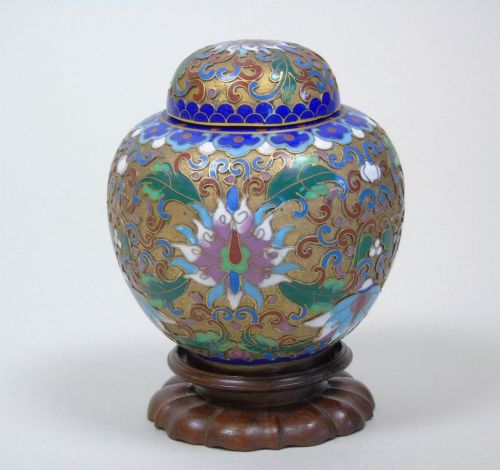 Antique Cloisonne Champleve Urn on Stand