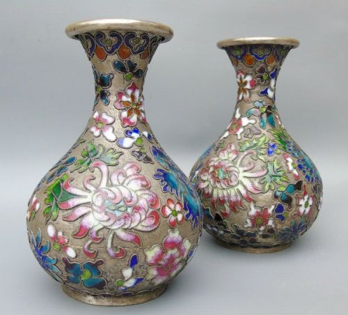 Pretty Pair of Chinese Champleve Cloisonne Vases