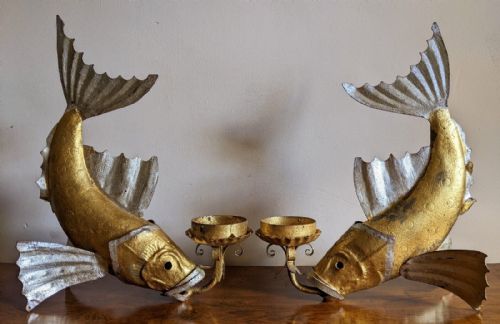 Rare Pair of Large Spanish Gilded Fish Candelabra