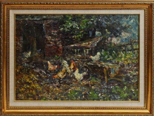 Antique Oil Painting Jf Slater Poultry in a Farmyard Setting