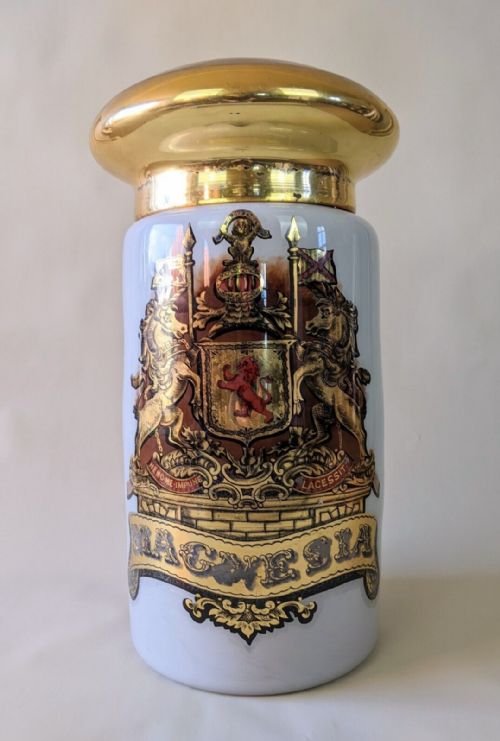 fig 1. Huge Antique Gilded Apothecary Jar Scottish Coat of Arms