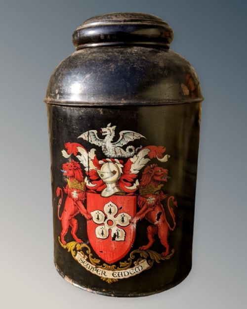 Victorian Toleware Cannister with Coat of Arms Crest