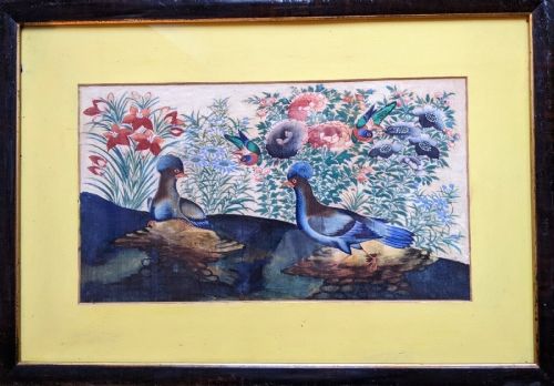 Antique Chinese Watercolour Painting Crested Pigeons 19th Century