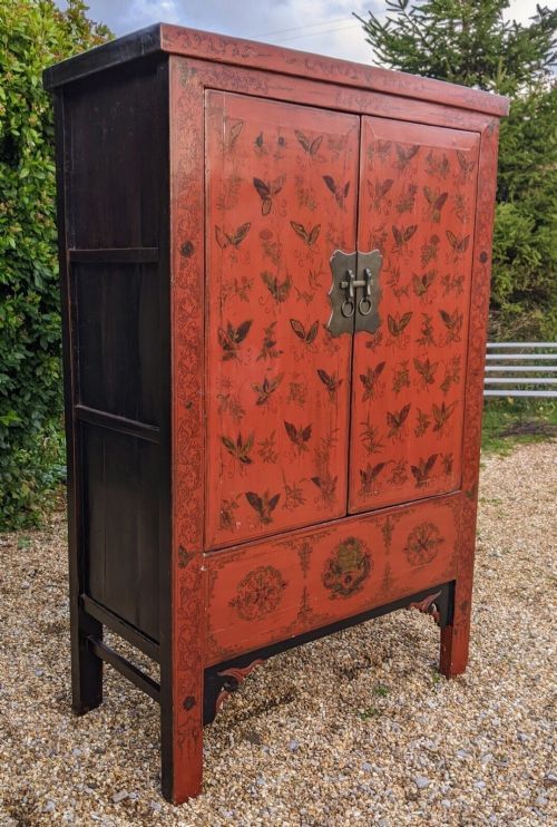 19th Century Chinese Red Lacquer Wardrobe Cabinet