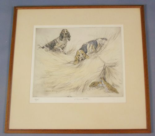 Hand Coloured Etching Spaniels & Grouse George Vernon Stokes