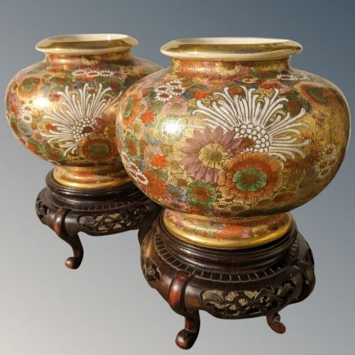 Imposing Pair of Japanese Satsuma Vases on Stands