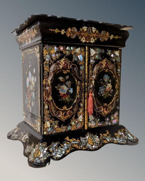 Outstanding Victorian Papier Mache Jewellery Cabinet / Sewing & Writing