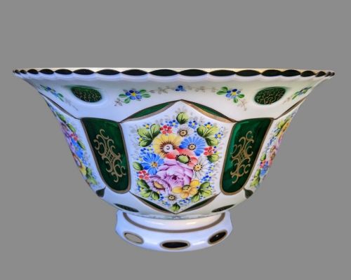 Bohemian Emerald Green Overlay Glass Bowl 