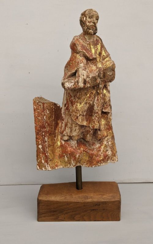 Rare Antique Carved Gilt and Polychrome Figure Saint Paul 17th Century