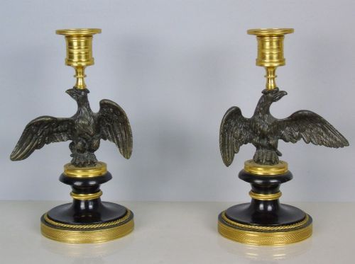 Fine Pair of Regency Bronze Eagle Candlesticks