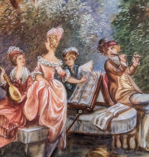 BEAUTIFUL MINIATURE PAINTING MUSICIANS IN WOODLAND AFTER BOUCHER - ADDITIONAL PHOTO 2
