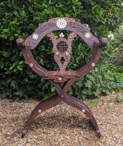 Antique Syrian Inlaid Savonarola Armchair