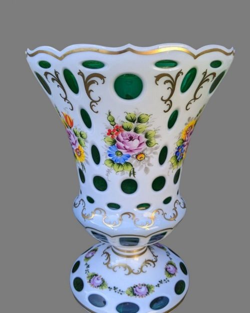 Superb Large Bohemian Emerald Green Overlay Glass Vase