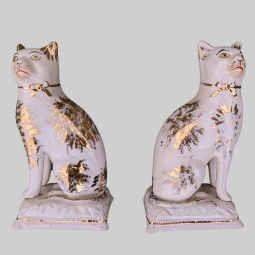 Rare Antique Pair Staffordshire Pottery Cats