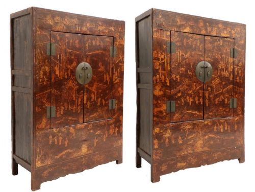 Good Pair Of 19th Century Chinese Lacquer Marriage Cabinets / Wardrobes