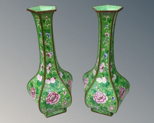 Pretty Pair of Antique Chinese Enamelled Vases