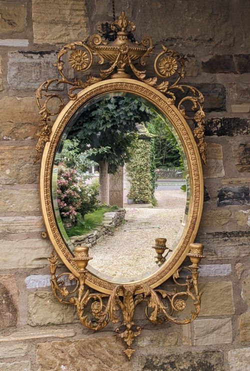 Antique Oval Gilt Mirror With Girandole 