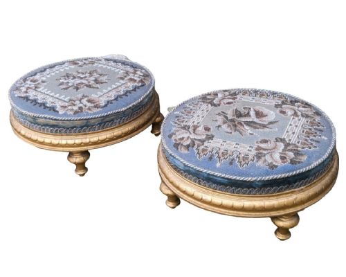 Pair Regency Beadwork Gilt Wood Foot Stools