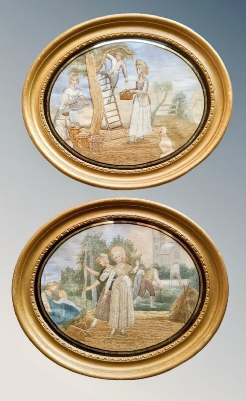 Pair Georgian Silk Emboideries Harvesting Scenes