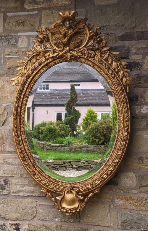 Impressive French Oval Gilt Mirror Bird Crest