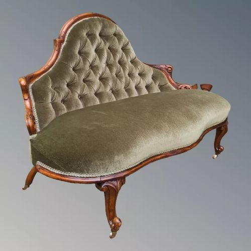 Pretty Victorian Walnut Velvet Button Back Sofa