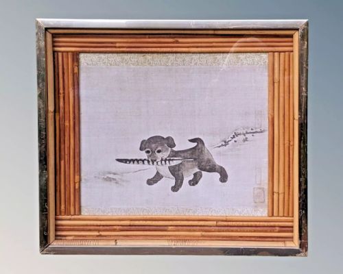 Antique Print After Am Li Puppy with Feather