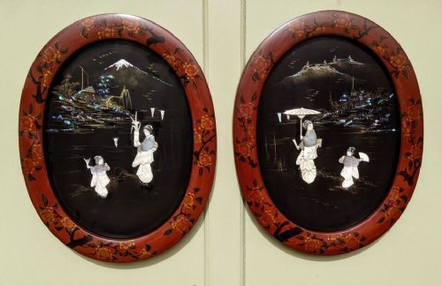Pair Of Japanese Oval Lacquer & Mother Of Pearl Inlaid Pictures