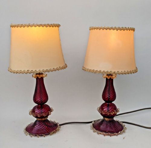 Rare Pair of Murano Glass Lamps with Original Shades