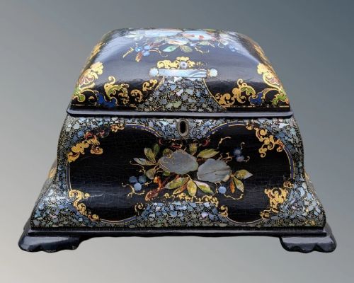Beautiful Papier Mache Tea Caddy Mother of Pearl 19th Century
