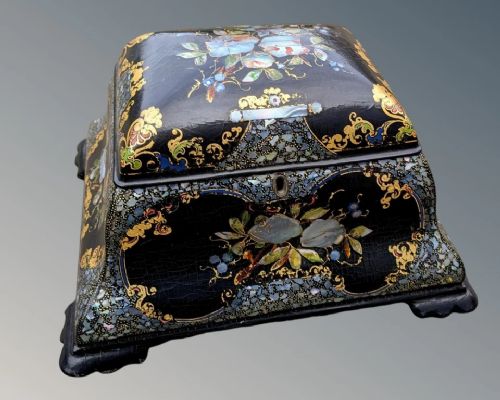 fig 1. Beautiful Papier Mache Tea Caddy Mother of Pearl 19th Century