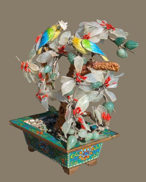 fig 1. Antique Chinese Hardstone Cloisonne Bonsai Cockatoos