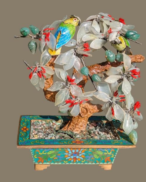 Antique Chinese Hardstone Cloisonne Bonsai Cockatoos