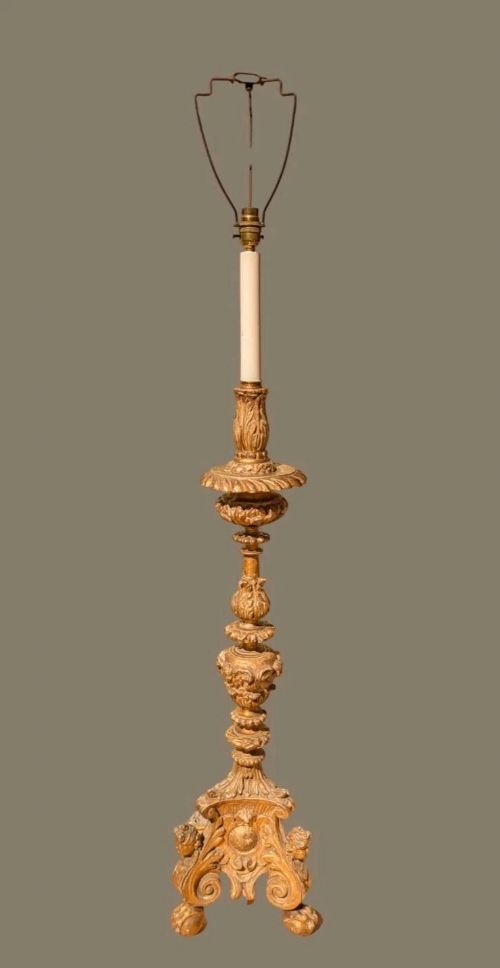 fig 1. Antique Gilt Wood Candlestick Lamp 18th Century