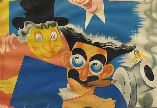 fig 1. A large framed French film poster featuring colourful caricatures of the Marx Brothers, a giraffe, and circus performers in shades of yellow, blue, and red.