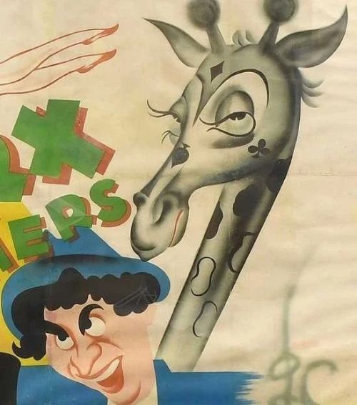 fig 2. A large framed French film poster featuring colourful caricatures of the Marx Brothers, a giraffe, and circus performers in shades of yellow, blue, and red.