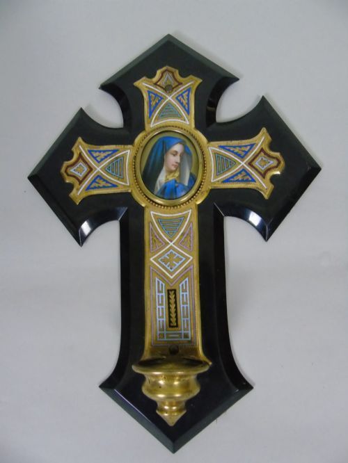 Antique Crucifix Champleve Enamel Holy Stoop