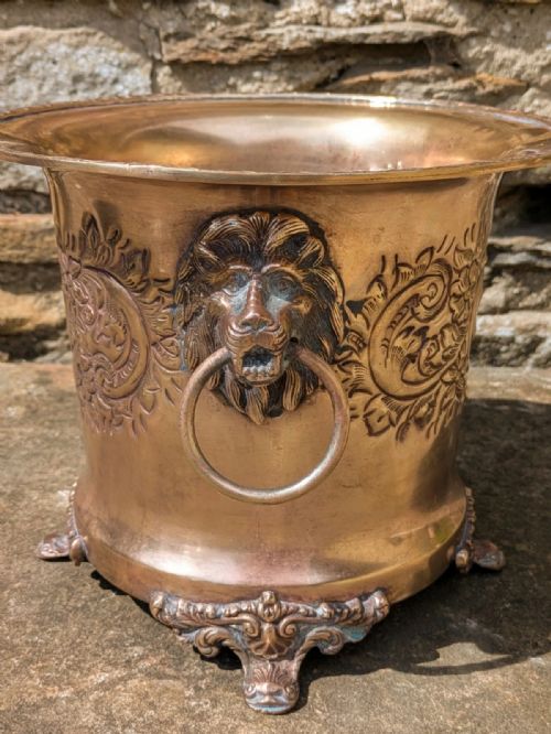 Antique Brass Ice Bucket / Planter Lion Mask Handles