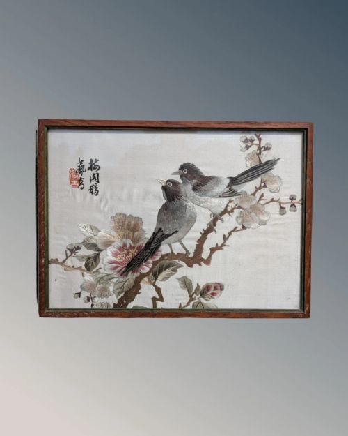 PAIR ANTIQUE CHINESE EMBROIDERIES GARDEN BIRDS MANDARIN DUCKS - ADDITIONAL PHOTO 5