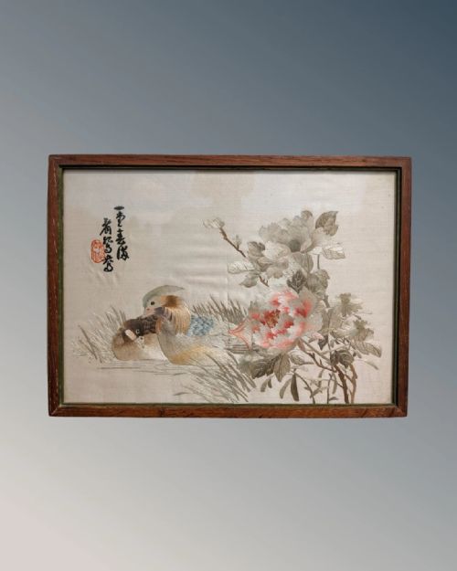 PAIR ANTIQUE CHINESE EMBROIDERIES GARDEN BIRDS MANDARIN DUCKS - ADDITIONAL PHOTO 1