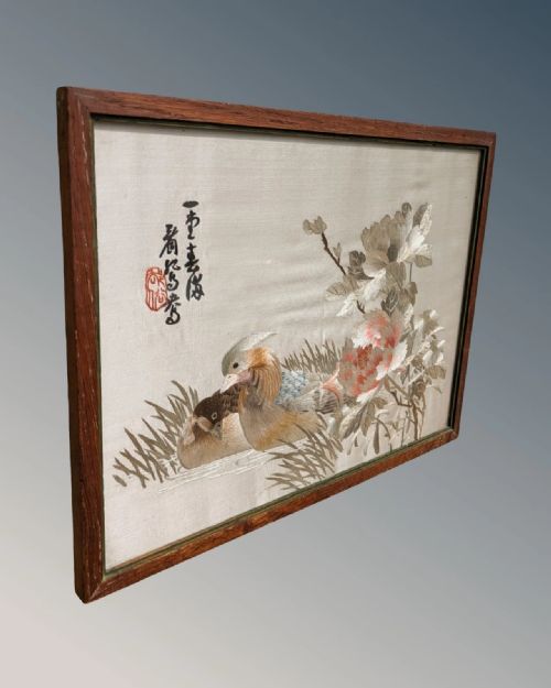 PAIR ANTIQUE CHINESE EMBROIDERIES GARDEN BIRDS MANDARIN DUCKS - ADDITIONAL PHOTO 3