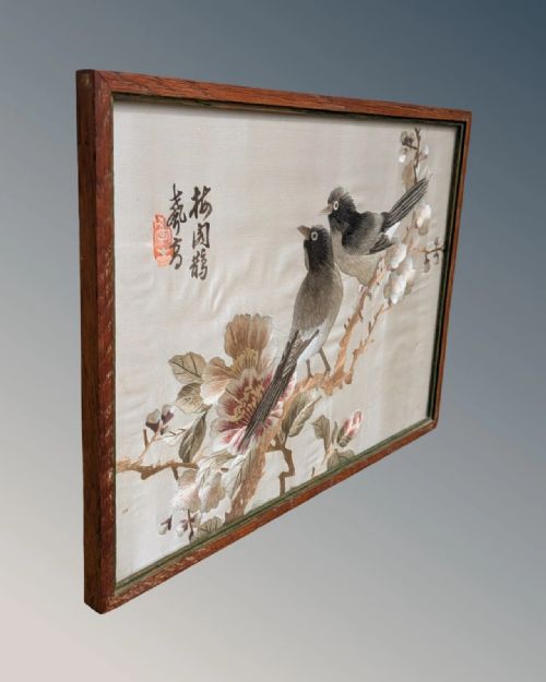 PAIR ANTIQUE CHINESE EMBROIDERIES GARDEN BIRDS MANDARIN DUCKS - ADDITIONAL PHOTO 4