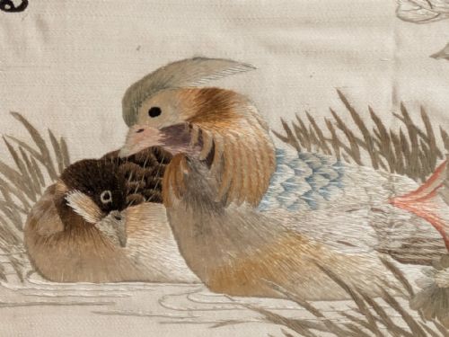 PAIR ANTIQUE CHINESE EMBROIDERIES GARDEN BIRDS MANDARIN DUCKS - ADDITIONAL PHOTO 7