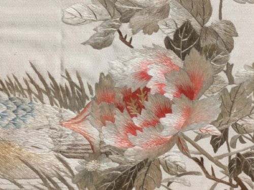 PAIR ANTIQUE CHINESE EMBROIDERIES GARDEN BIRDS MANDARIN DUCKS - ADDITIONAL PHOTO 8